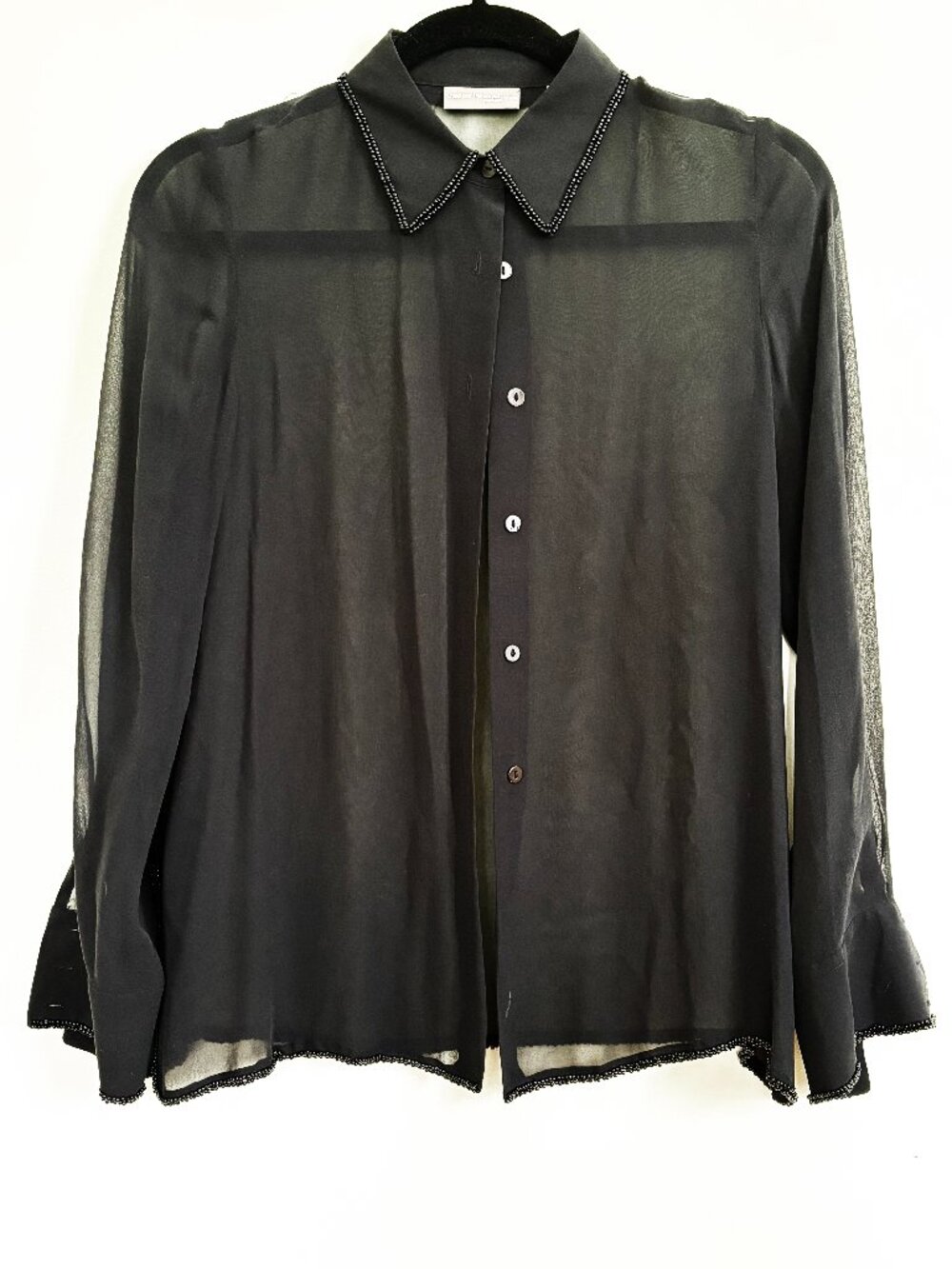 Elegant Sheer Black Silk Blouse with Delicate Beadwork Trim Petite SM